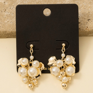 Pearl Metallic  Beads And Petals Cluster Dangle Earrings