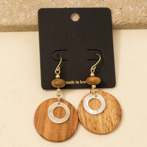 Layered Circle Wooden Disc Dangle Drop Earrings