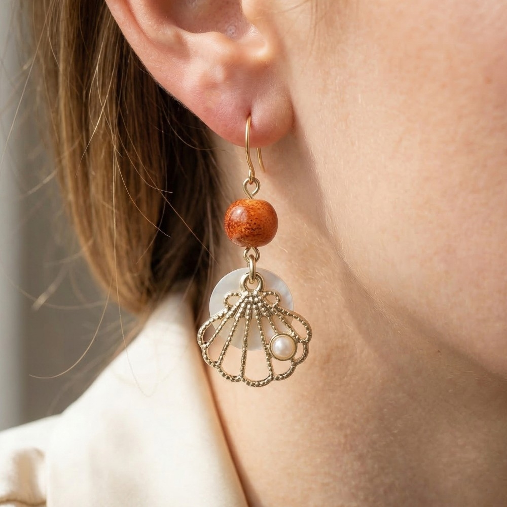 Ball Bead Seashell Drop Earrings