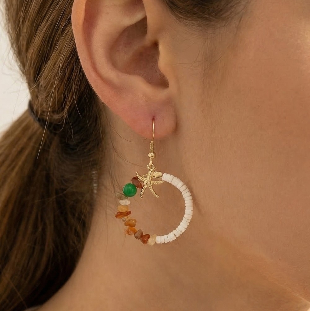 Starfish Beaded Stone Circle Drop Earrings