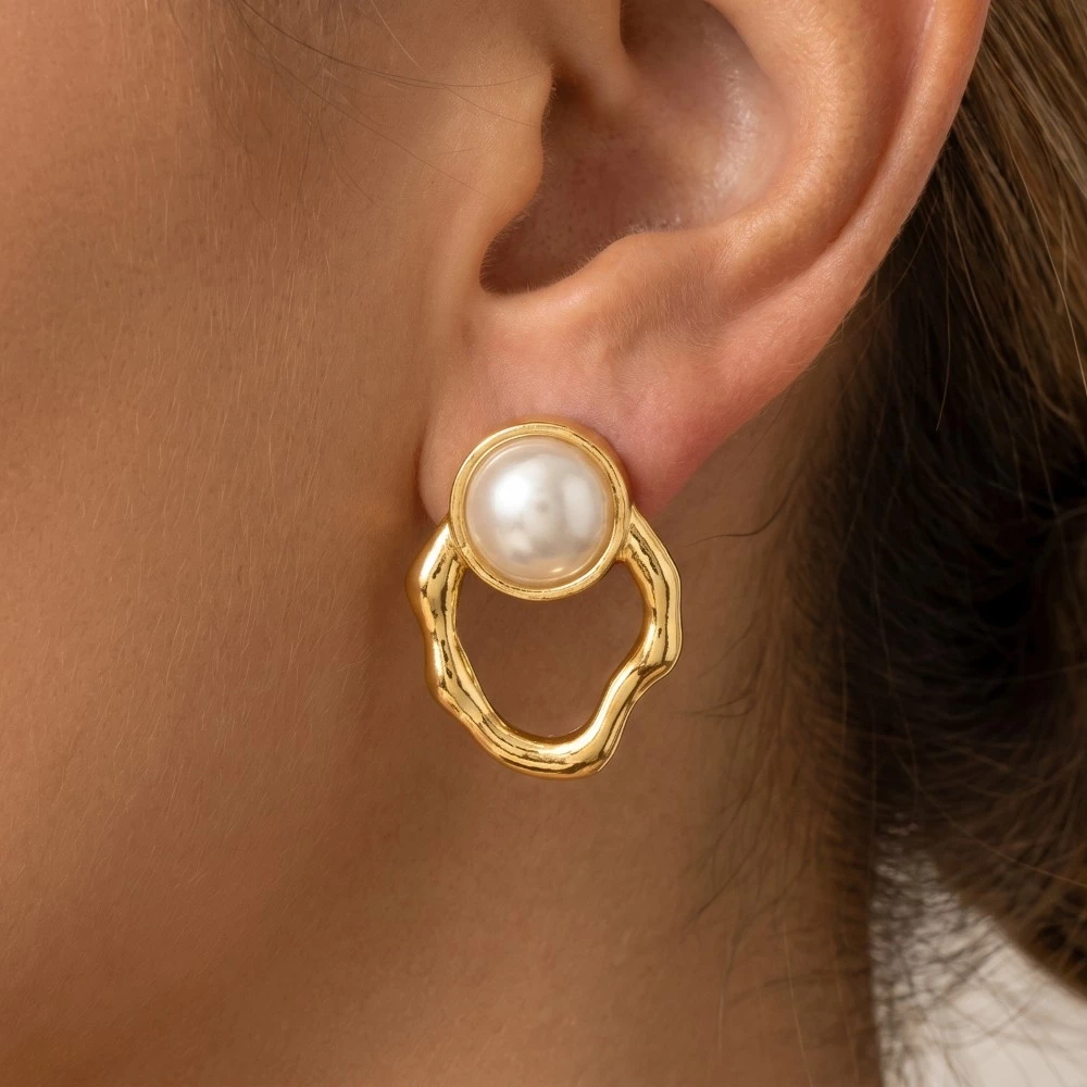 Pearl Stud Warped Oval Post Earrings