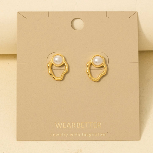 Pearl Stud Warped Oval Post Earrings