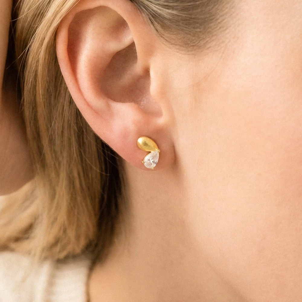 Gold Dipped And Cz Double Tear Stud Earrings