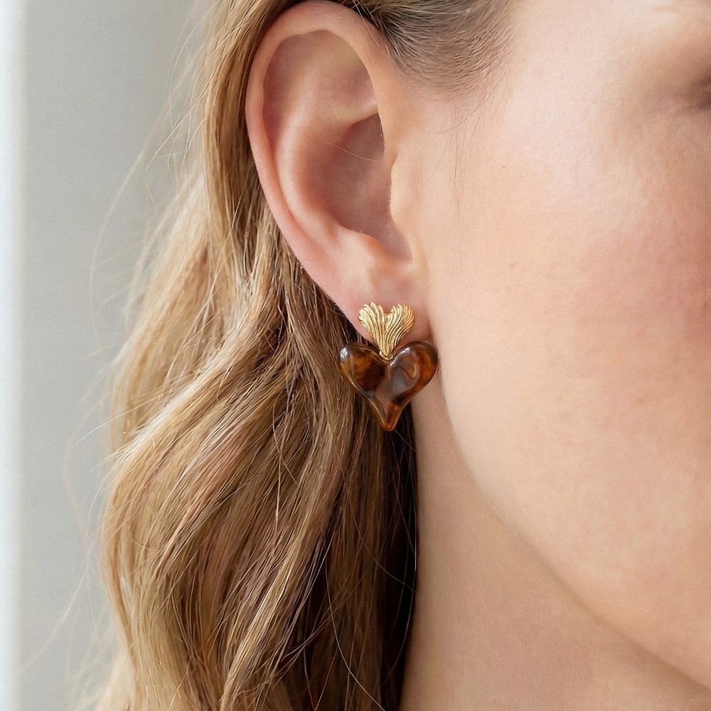 Metallic And Marble Resin Heart Stud Dangle Earrings