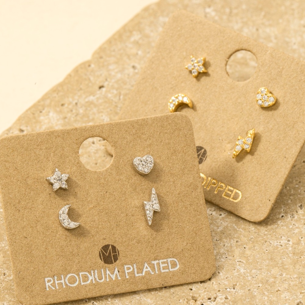 Gold Dipped Mini Star Lightning Heart Moon Stud Earrings Set
