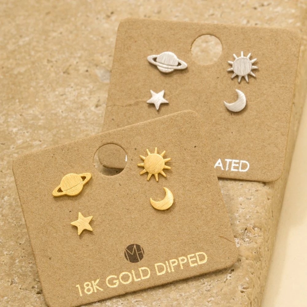 Gold Dipped Mini Planet Sun Star Moon Earrings