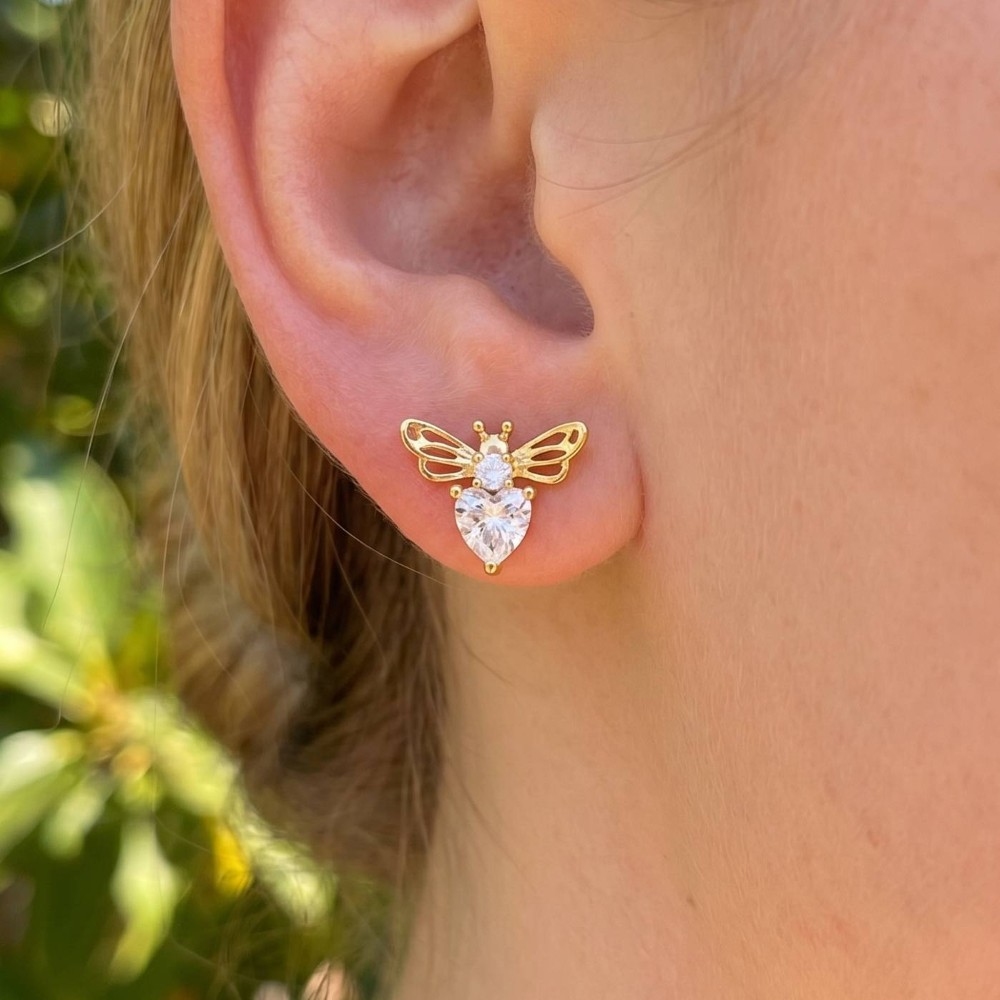 Gold Dipped Cz Bee Stud Earrings