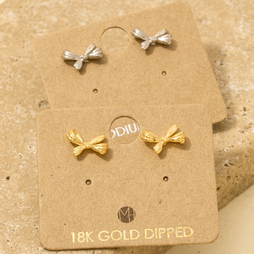 Gold Dipped Mini Ribbon Bow Stud Earrings