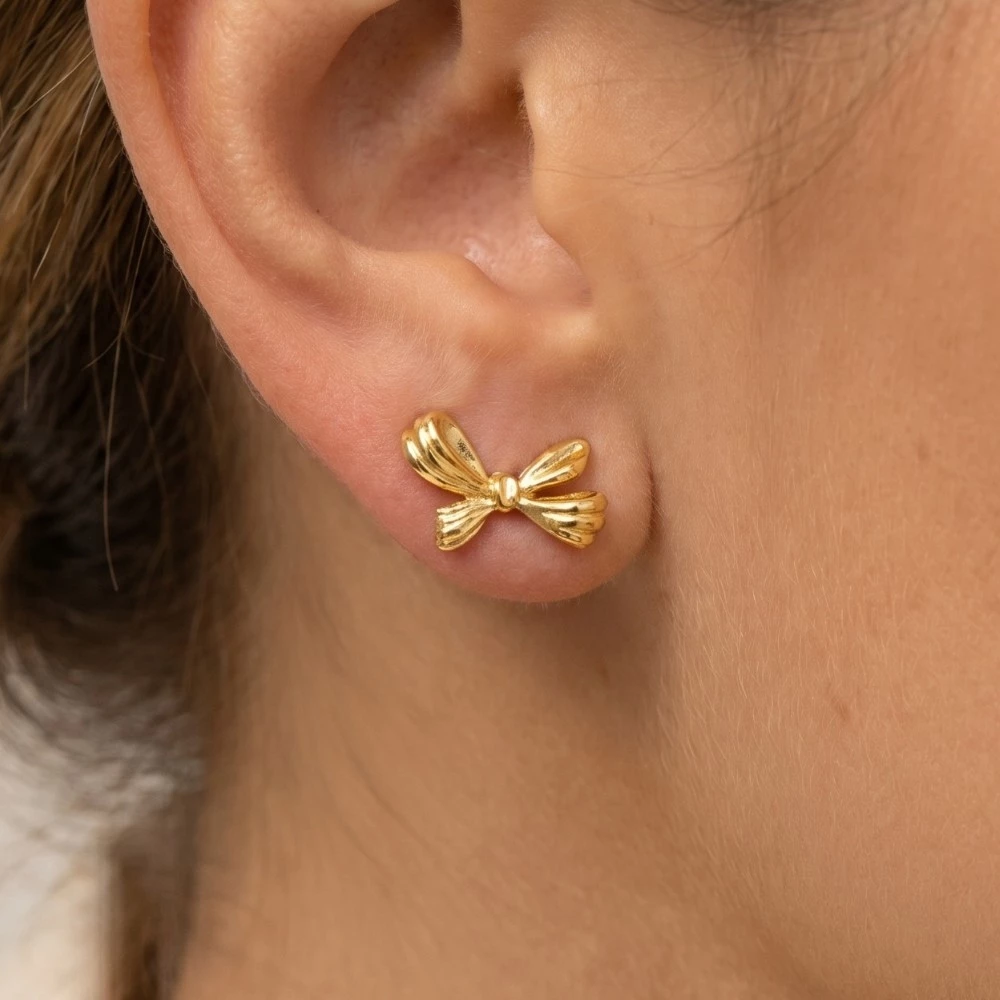 Gold Dipped Mini Ribbon Bow Stud Earrings