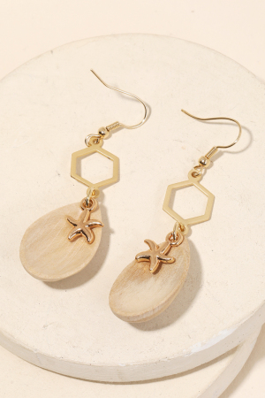 Tiered Starfish And Wood Charm Dangle Earrings