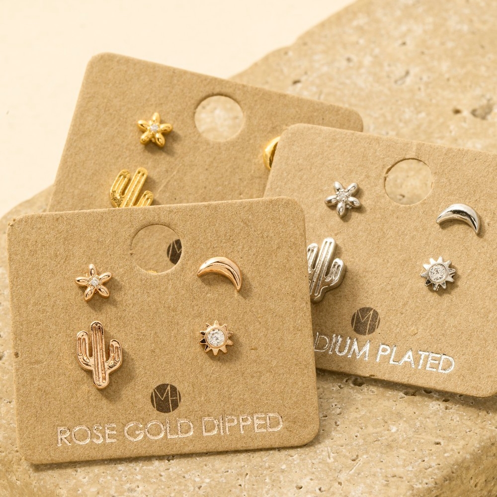 Gold Dipped Mini Cactus Flower Stud Earrings Set