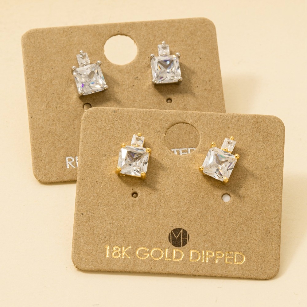 Gold Dipped Square Rhinestones Stud Earrings