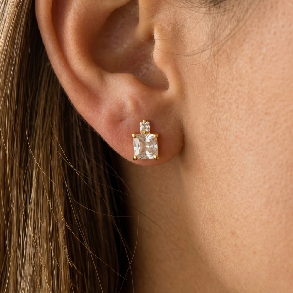 Gold Dipped Square Rhinestones Stud Earrings