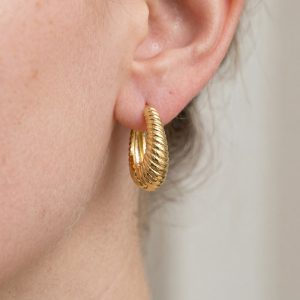 18K Gold Dipped Ribbed Texture Open Hoop Earrings