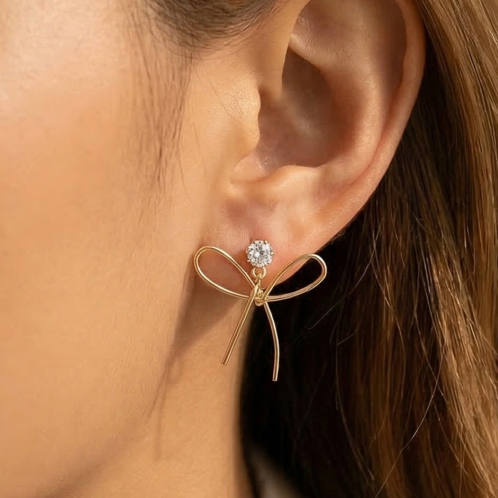 Thin Metallic Ribbon Bow Drop Earrings