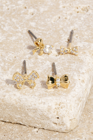 4Pc Mixed Cz Ribbon Bow Stud Earrings Set