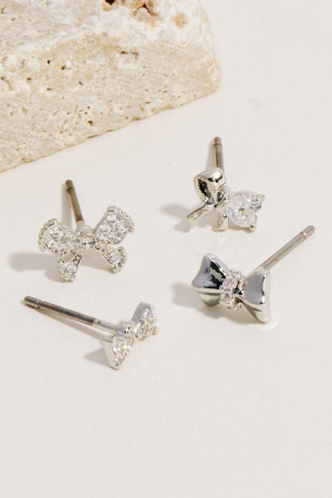 4Pc Mixed Cz Ribbon Bow Stud Earrings Set