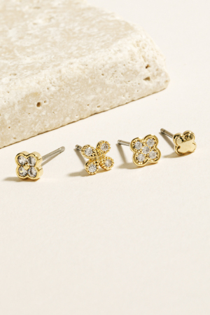 Cz Mini Clover Stud Earrings Set