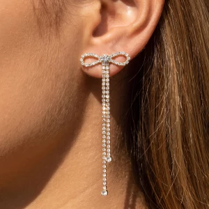 Rhinestone Bow Double Tassel Drop Earrings