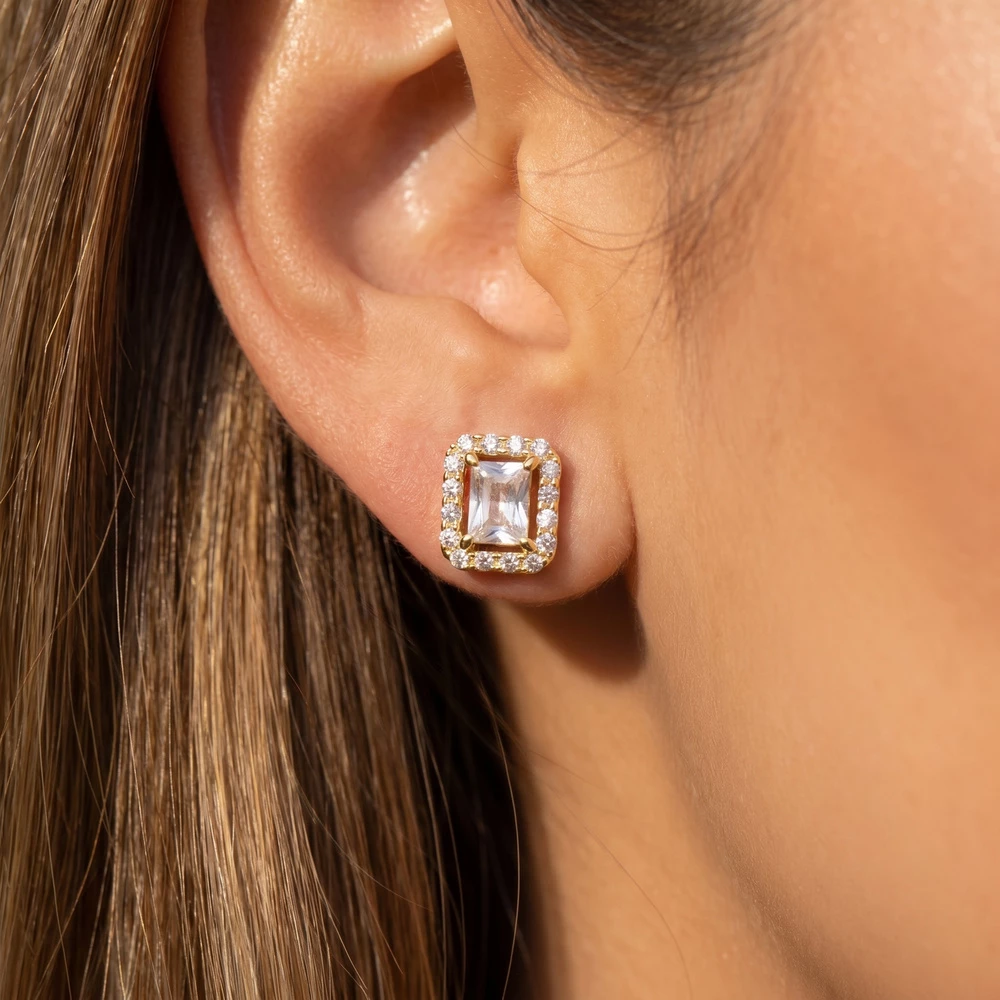 Emerald Cut Cz Pave Halo Stud Earrings