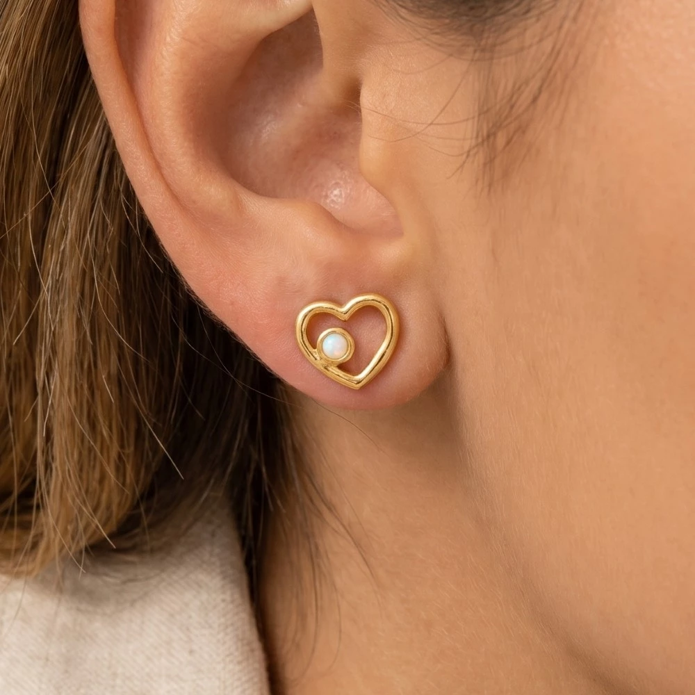 Gold Dipped Mini Heart And Opal Stud Earrings