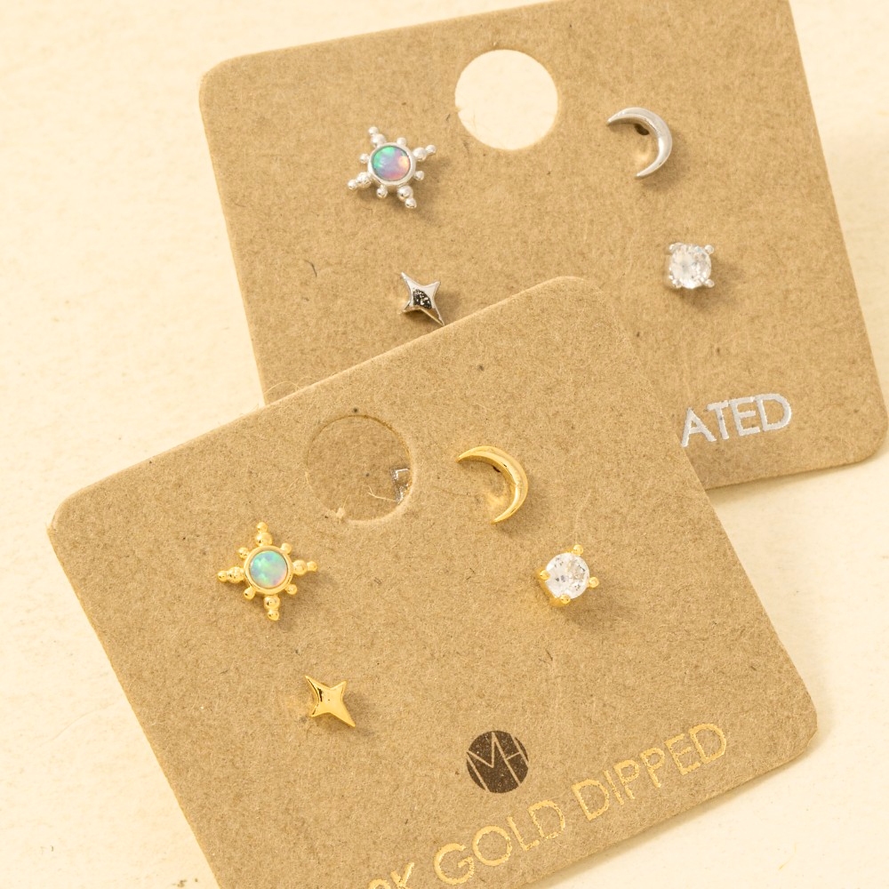 Gold Dipped 4Pc Star Moon Stud Earrings Set