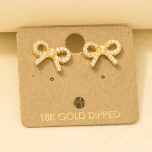 Gold Dipped Cz Pave Ribbon Bow Stud Earrings
