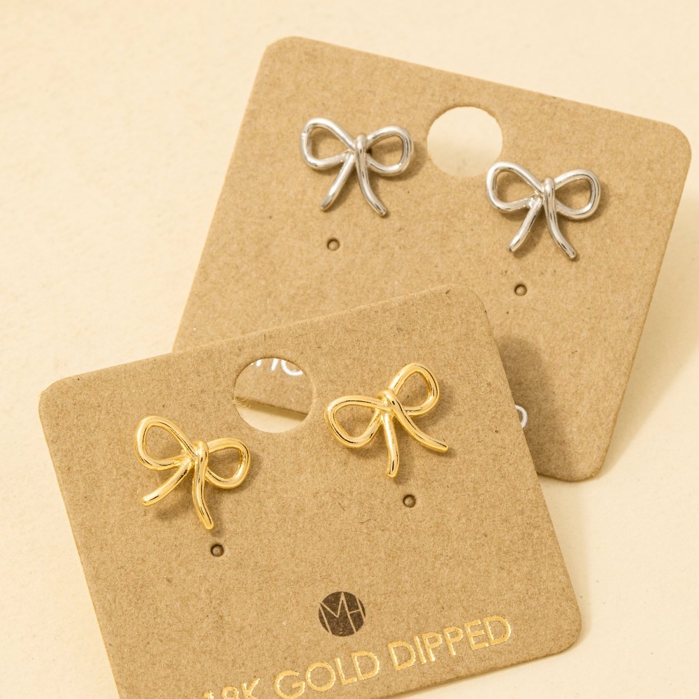 Gold Dipped Wire Ribbon Bow Stud Earrings