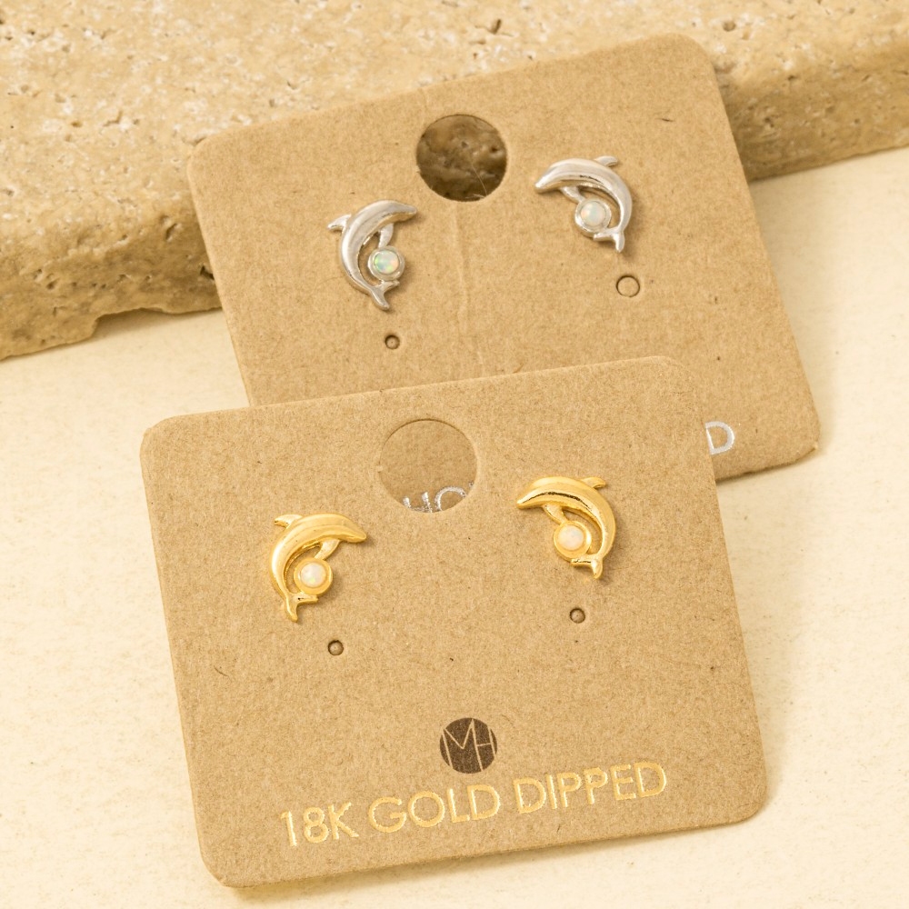 Gold Dipped Dolphin And Opal Stud Earrings