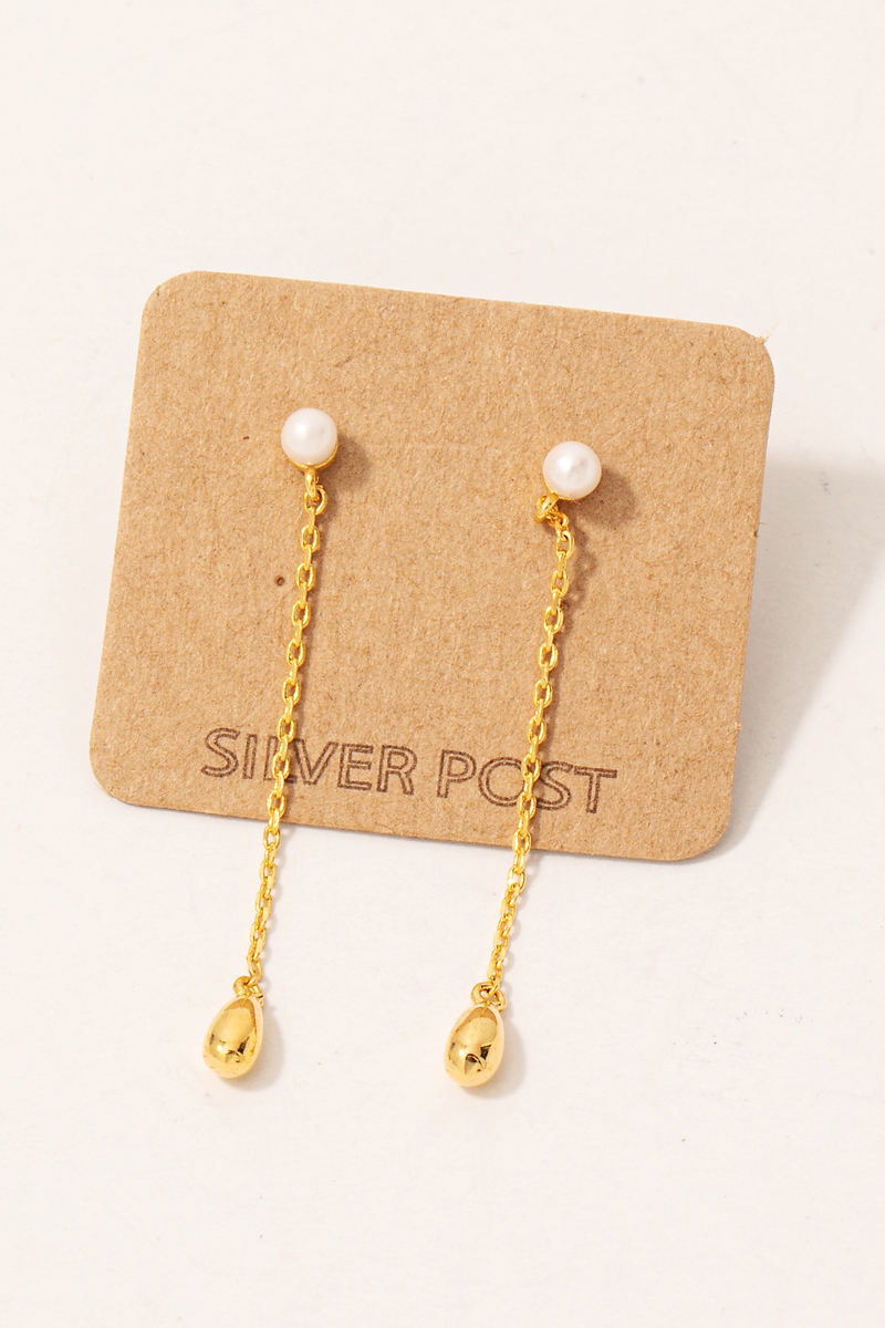 Gold Dipped Tear And Pearl Stud Chain Dangle Earrings