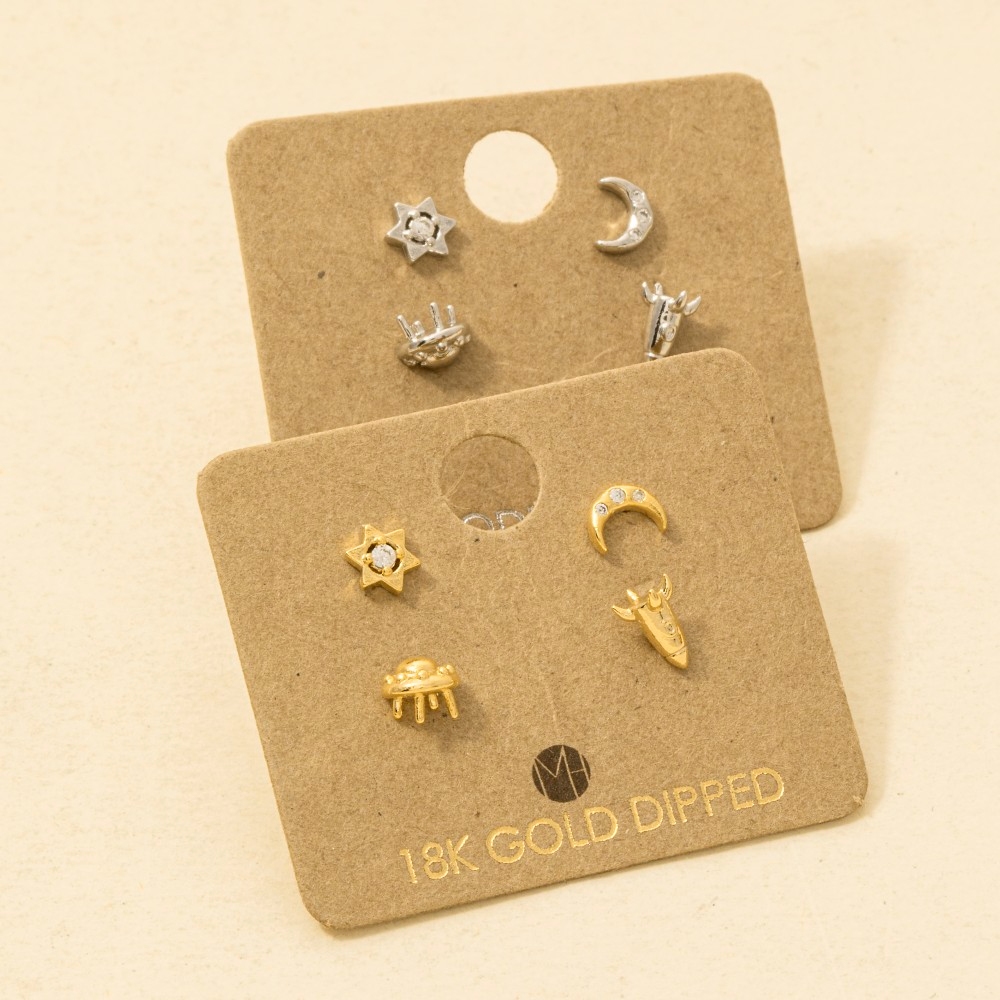 Gold Dipped Space Themed Stud Earrings Set