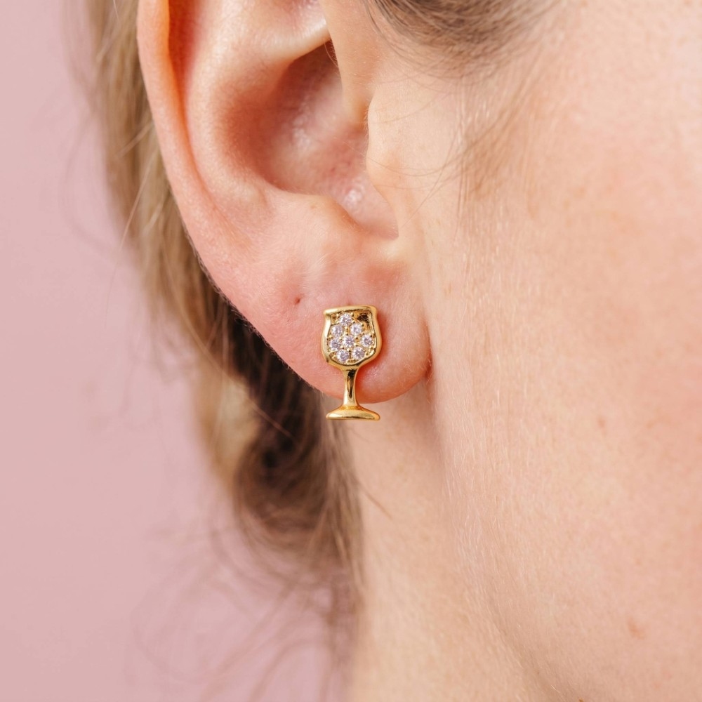 Gold Dipped Mini Pave Wine Glass Stud Earrings