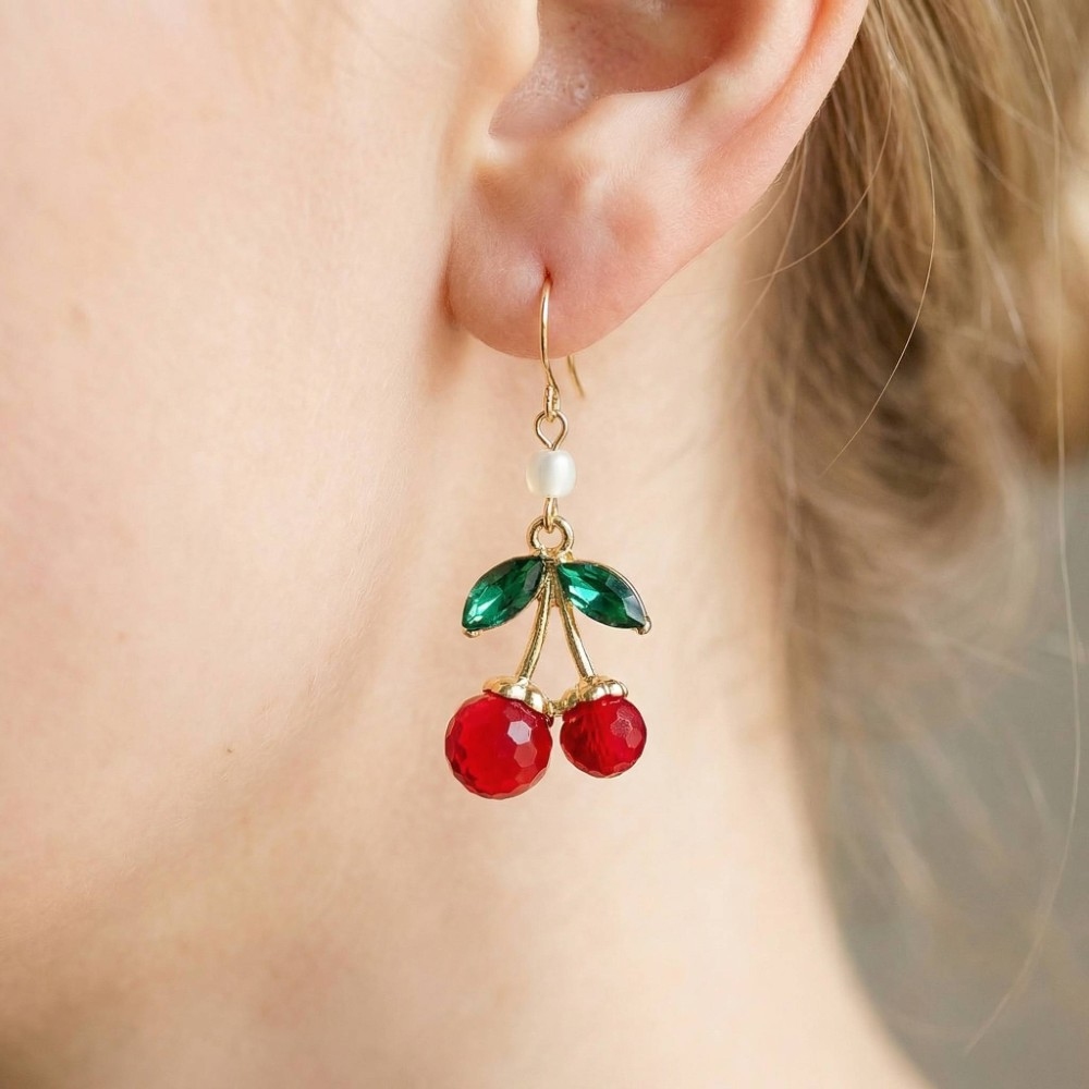 Faceted Glass Beaded Cherry Dangle Chain Earrings