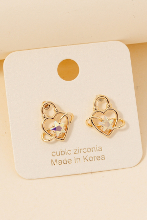 Cz Iridescent Double Star Lock Stud Earrings