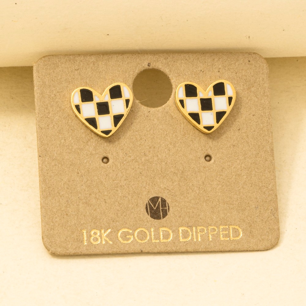 Gold Dipped Epoxy Checkered Heart Stud Earrings