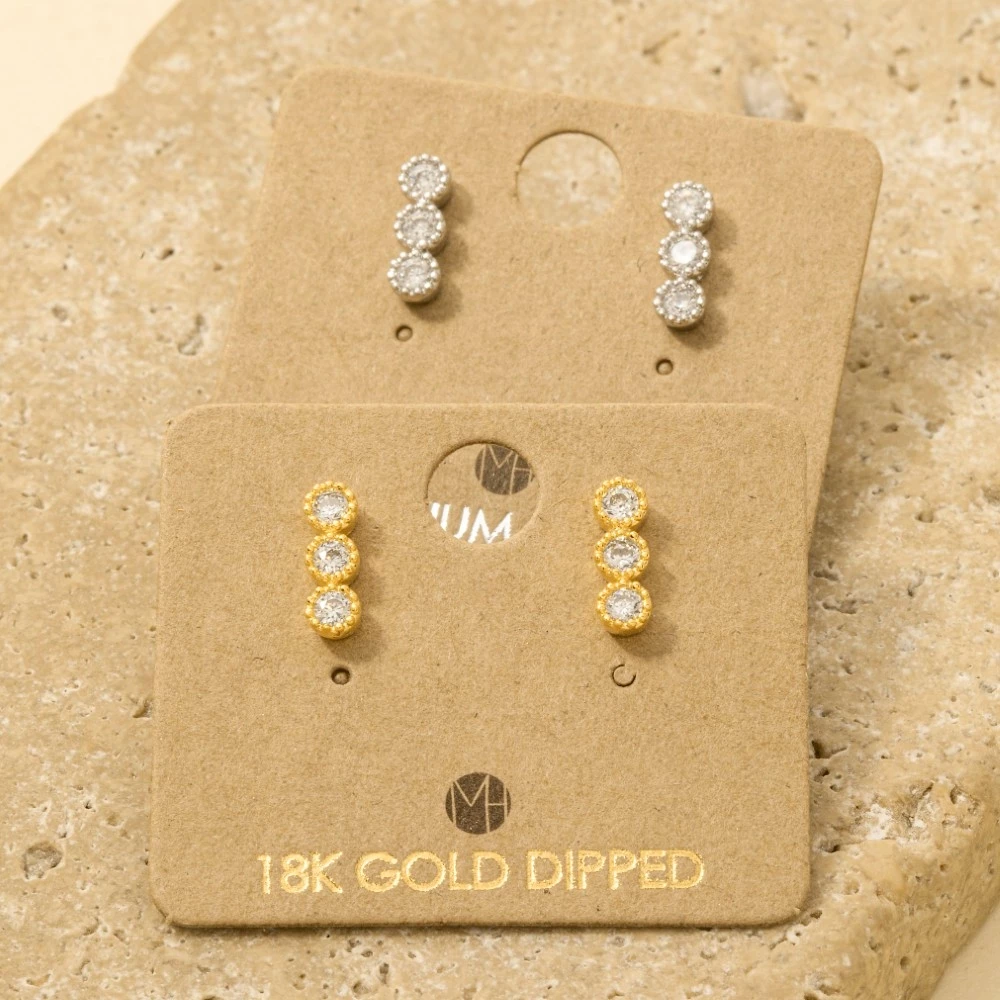Gold Dipped Cz Triple Stud Bar Stud Earrings
