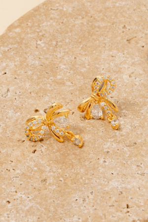 Cz Ribbon Bow And Charm Stud Earrings