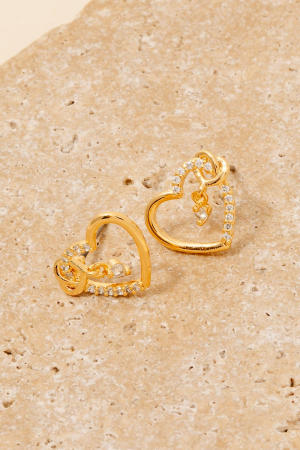 Cz Studded Heart Stud And Charm Earrings