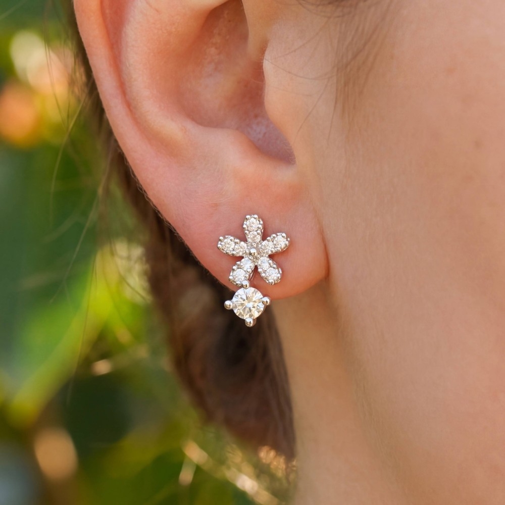 Cz Gem And Pave Flower Stud Earrings