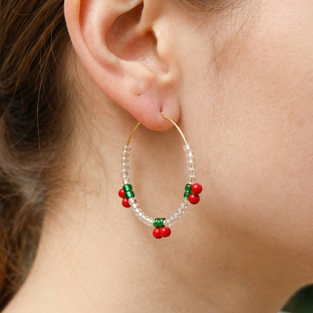 Beaded Cherry Station Hoop Earrings