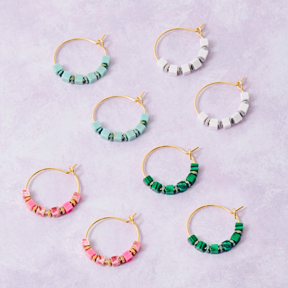 Stone Cube Beads Dainty Wire Hoop Earrings