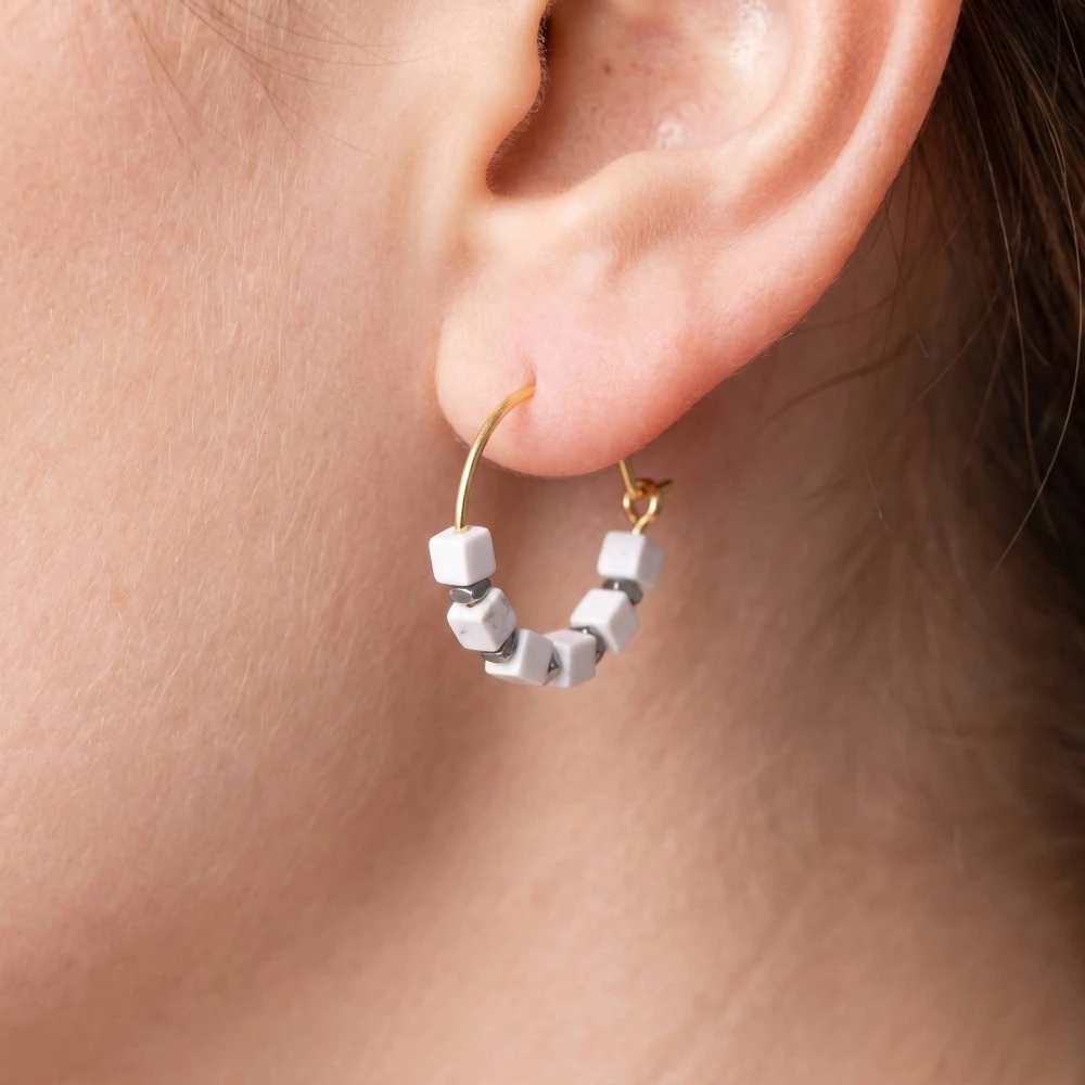 Stone Cube Beads Dainty Wire Hoop Earrings