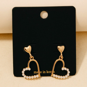 Half Pearl Studded Double Hearts Dangle Earrings