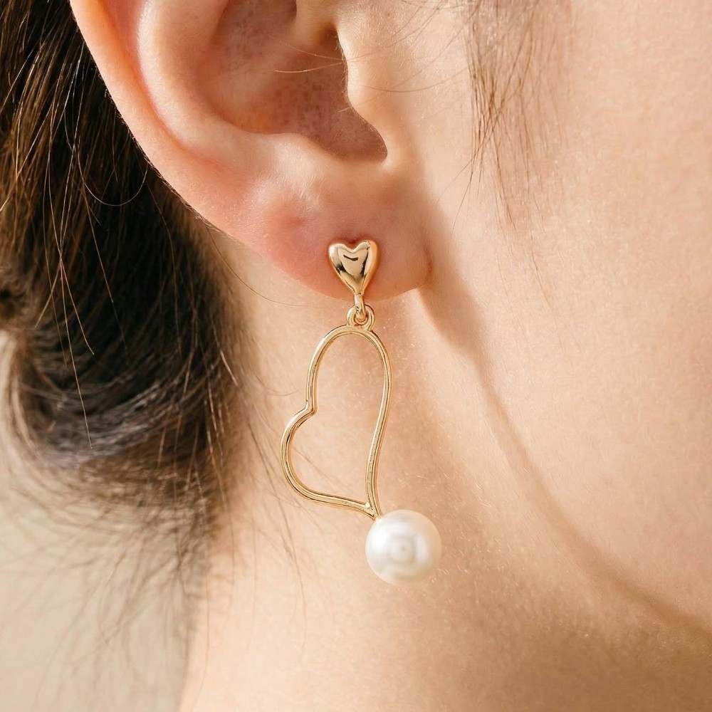 Pearl Bead Double Heart Dangle Earrings