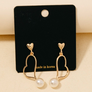 Pearl Bead Double Heart Dangle Earrings