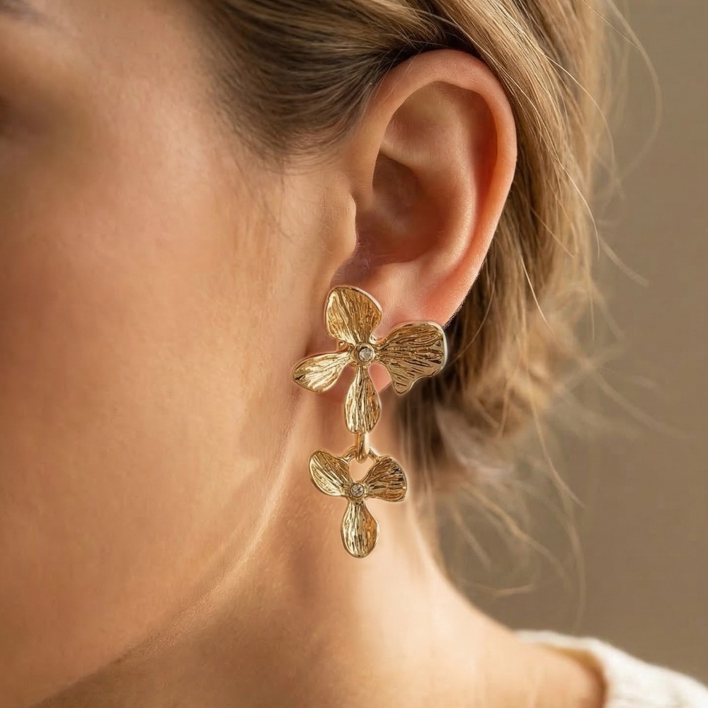 Textured Double Flower Dangle Earrings