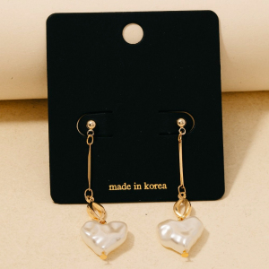 Pearl Heart And Bar Dangle Stud Earrings