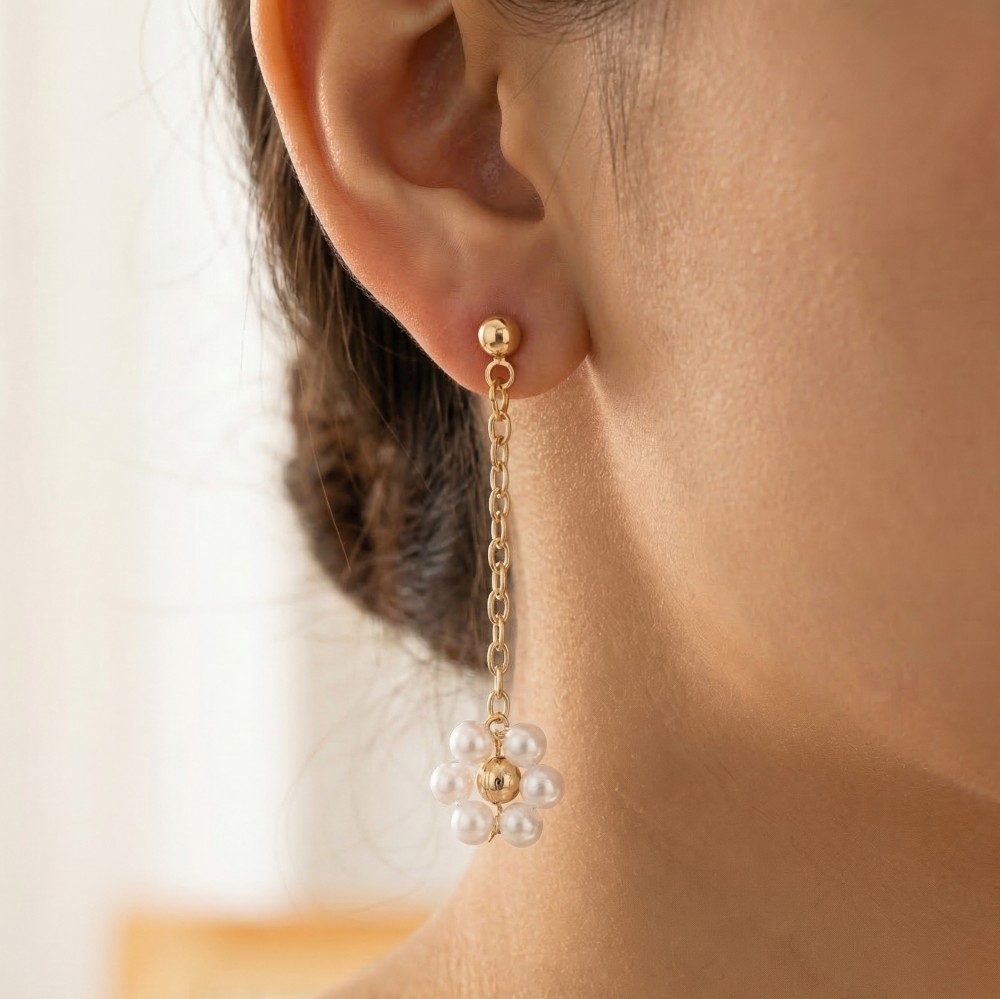 Pearl Beaded Flower Dangle Chain Earrings