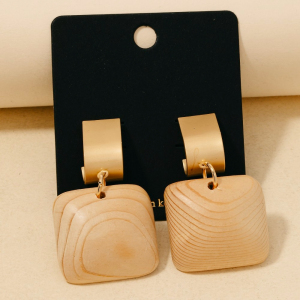 Wooden Square Medallion Charm Wide Hoop Earrings