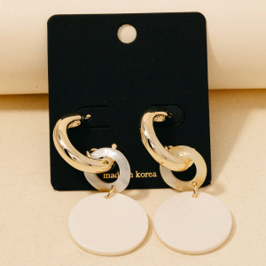 Wood And Shell Link Dangle Hoop Earrings